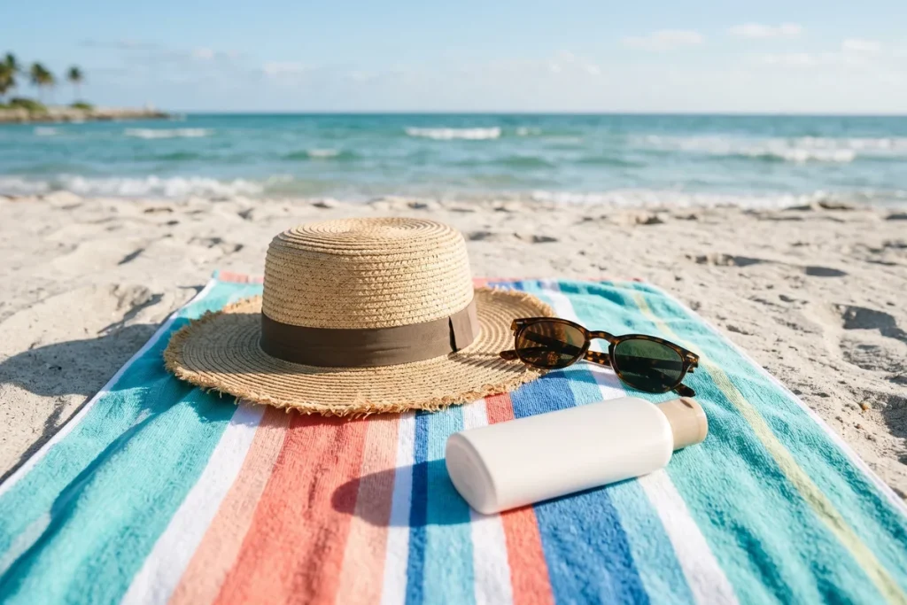 A straw sun hat, sunglasses and a bottle of sunscreen on a striped towel on the beach
