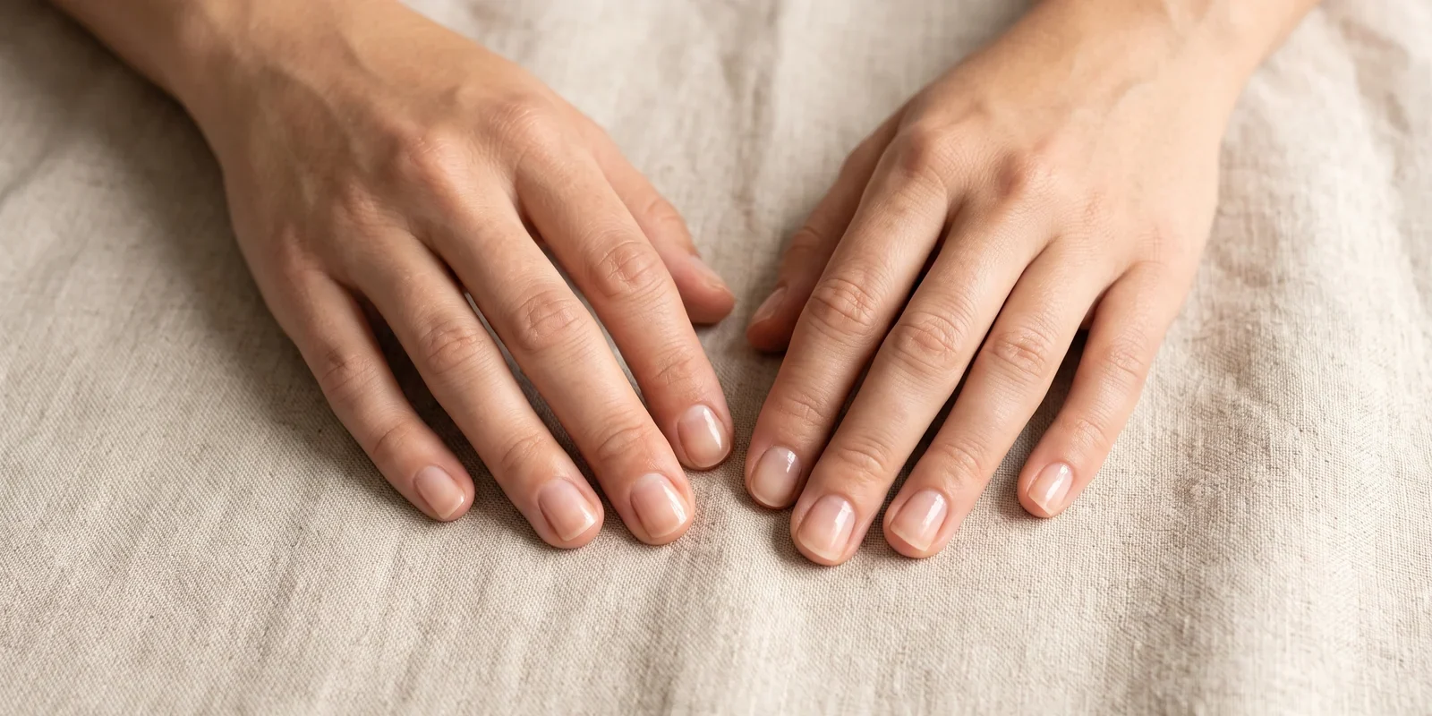 Two hands resting on a linen cloth, with short natural nails that have a soft shine and no polish