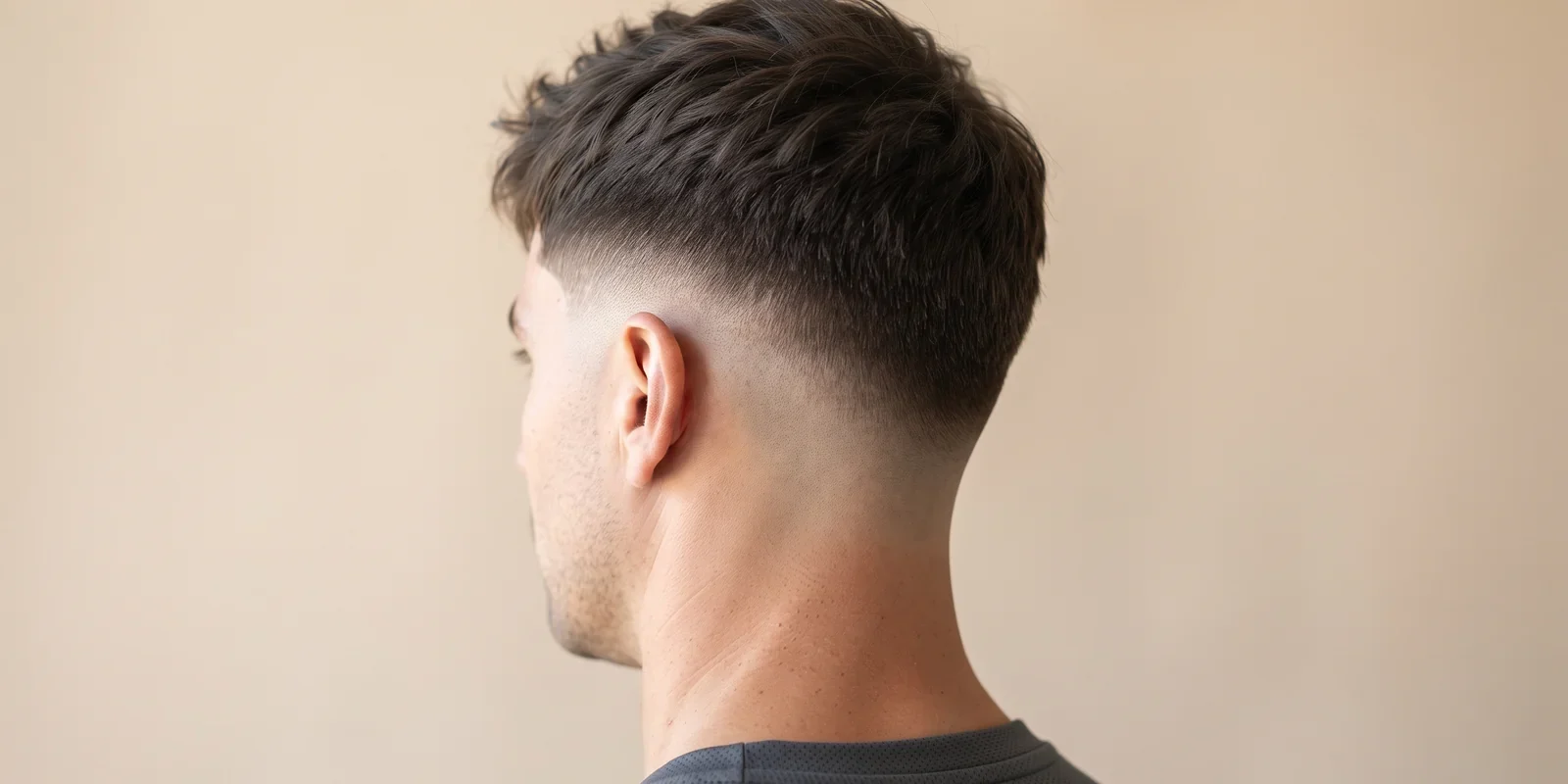 The back and side of a man's head with a fresh low fade, short at the neckline and blending into longer hair on top