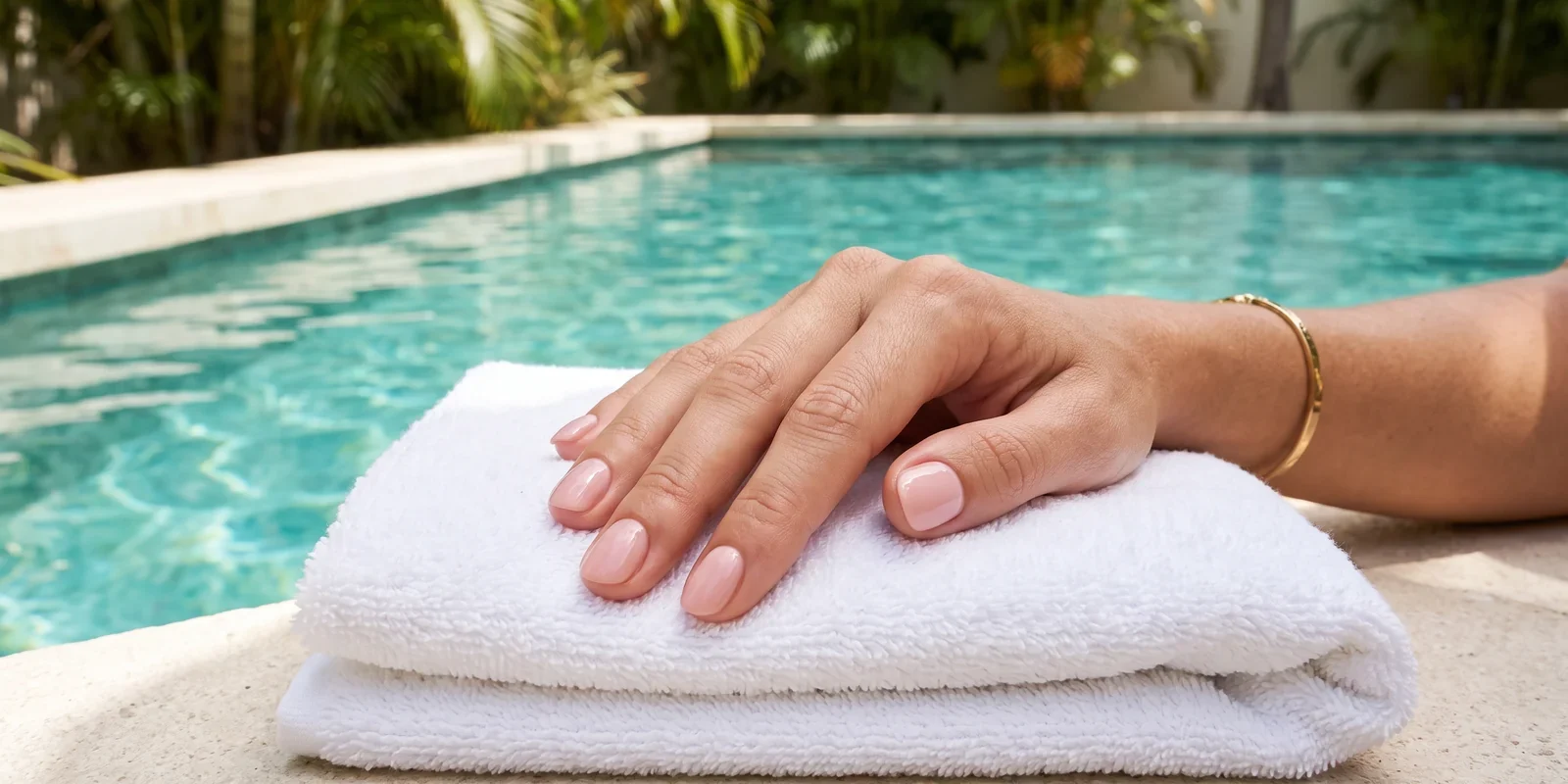 A hand with a glossy pale pink gel manicure resting on a folded white towel at the edge of a swimming pool