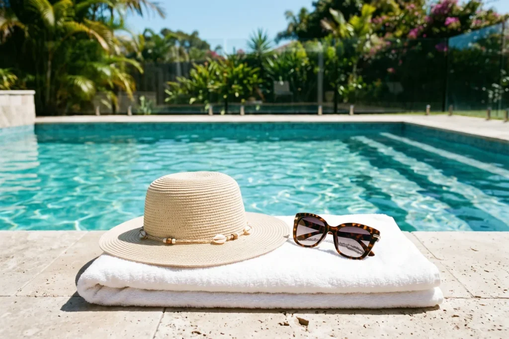 A straw sun hat and tortoiseshell sunglasses on a folded white towel at the edge of a swimming pool