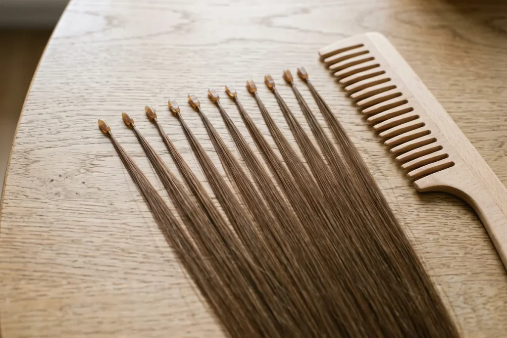 A row of thin brown hair extension strands with small amber keratin tips next to a wide-tooth comb on a wooden table