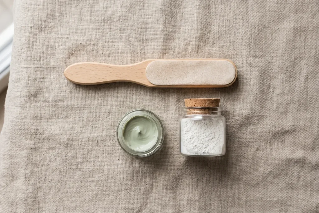 A wooden nail buffer with a suede pad, a small jar of pale green paste and a jar of white powder on linen