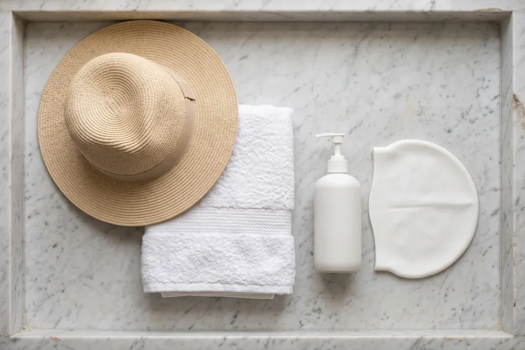 A straw sun hat, a folded white towel, a plain white pump bottle and a white swim cap on a marble shelf