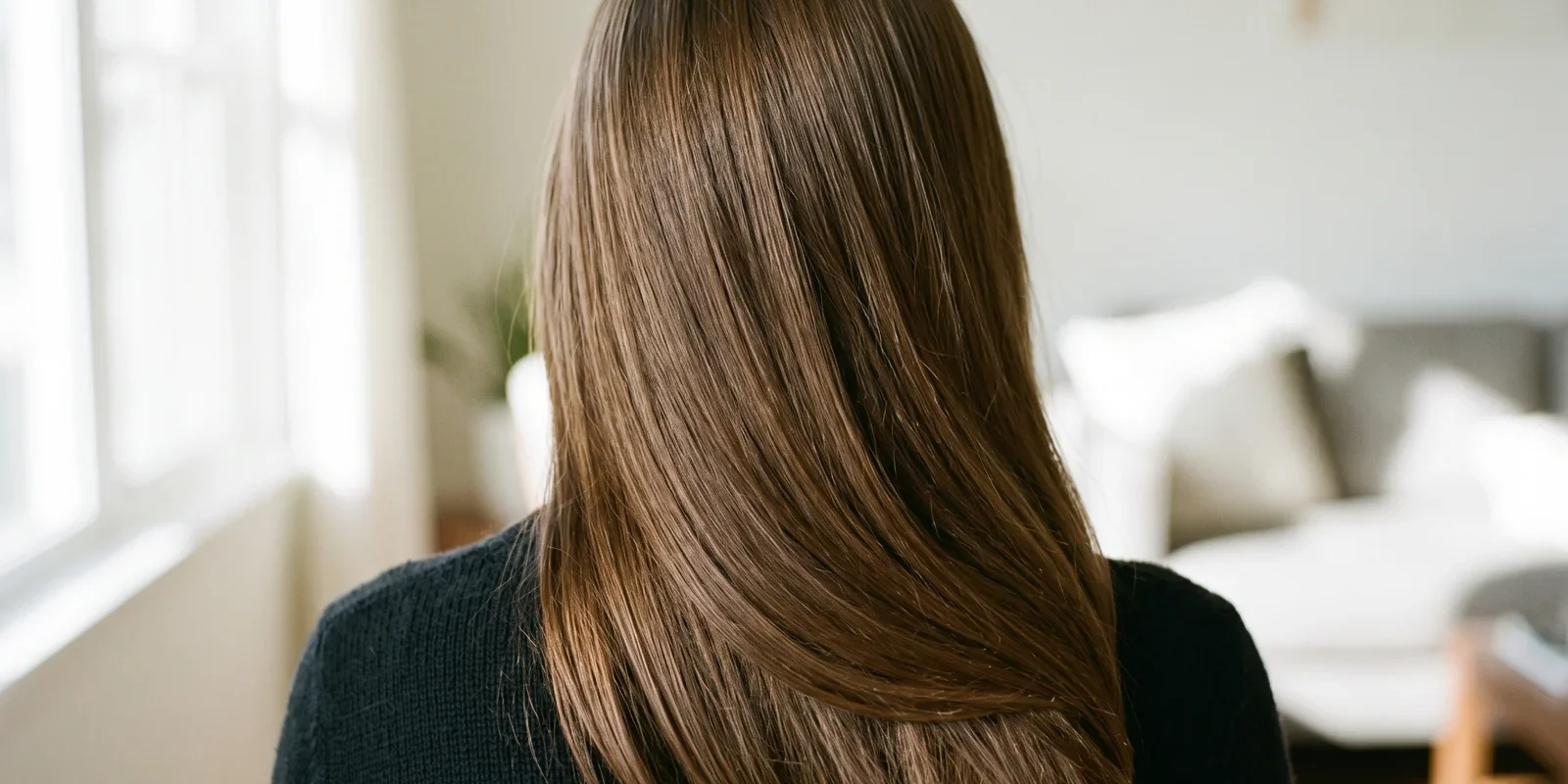 Back view of long, smooth, glossy brown hair over a dark sweater in a bright room