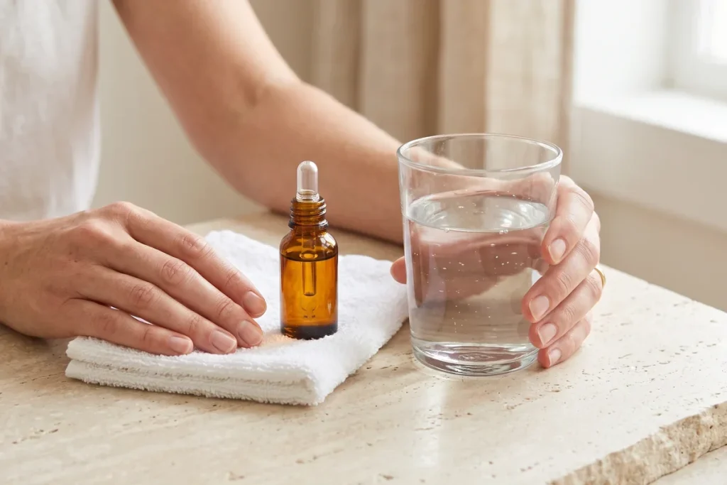 Hands next to a glass of water, a folded white towel and a small amber dropper bottle on a stone table