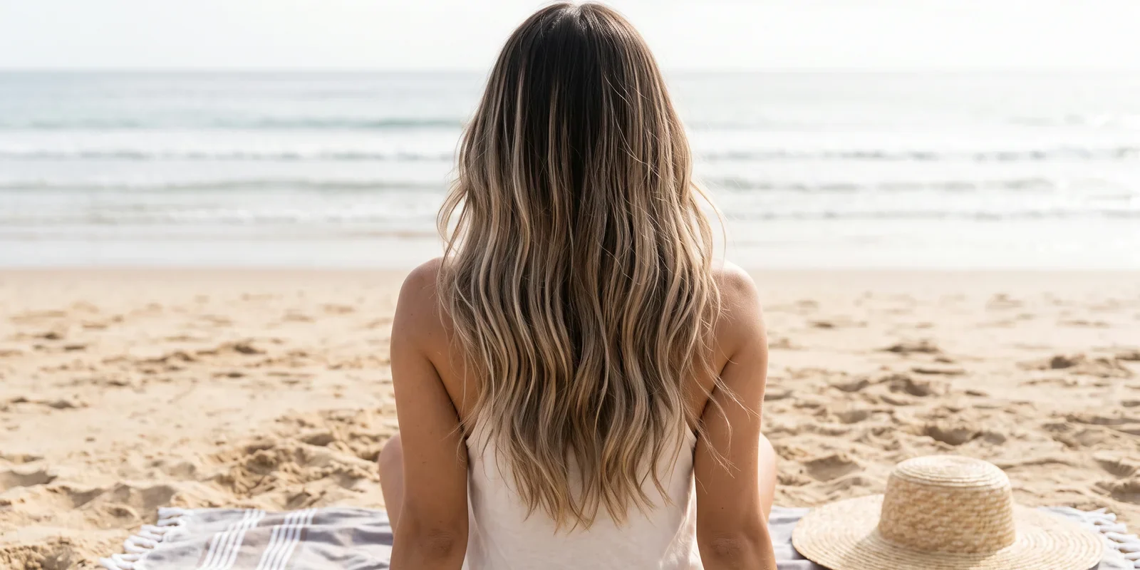 Back view of a woman with long balayage hair, beige-blonde pieces over a brown base, sitting on a beach towel with a straw hat beside her